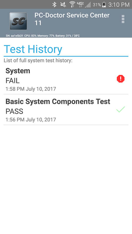 Service Center Android Test History